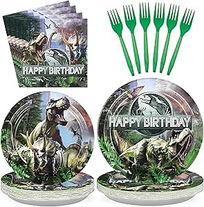 96Pcs Dinosaur Birthday Party Decorations Dinosaur Plates and Napkins Disposable Dino Paper Tableware Set for Dino Theme Jungle Birthday Baby Shower Party Supplies, Serves 24