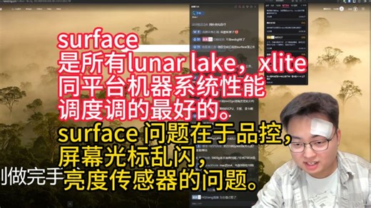 【极客湾】surface 是所有lunar lake，xlite同平台机器系统性能调度调的最好的，surface 问题在于品控，屏幕光标乱闪， 亮度传感器的问题