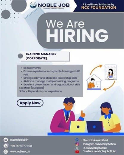 Hiring Training Manager Free Placement Noble Job