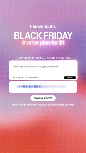 The #1 audio, image, & video AI models for $1. Ends 12/1 at midnight EST. Trusted by 1,000,000 creators—including Andrew Huberman & Arianna Huffington. | ElevenLabs