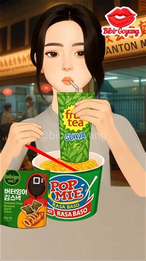 ASMR Cartoon Mukbang 🍜🍎🍙 Pop Mie Rasa Baso + Fruit Tea Apple & Onigiri Chips #asmr #mukbang #food