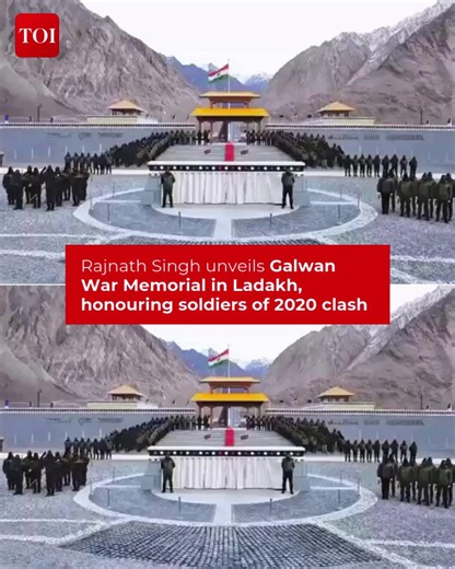 Defence Minister #RajnathSingh unveiled the #GalwanWarMemorial in #Ladakh, paying tribute to the courage and sacrifice of the soldiers who stood firm during the 2020 clash. #Galwan #Ladakh #WarMemorial #IndianArmy #Tribute #2020Clash | The Times of India