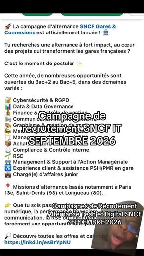 @SNCF Voyageurs recrute des alternants pour septembre 2026 Cyber sécurité, RGPD, Data, FINANCE, Contrôle de gestion, graphisme, création de contenu, marketing digital, management de projet, BIM, achats, approvisionnement, compliance, contrôle interne, RSE , Supoort à l’action managériales, relation client et business (commerciaux) ! #alternanceapprentissage #recrutement #apprenti #alternance
