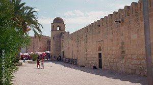 The walls of Ribat fortress inside the medieval medina of Sousse, Tunisia. Ancient architecture of North Africa.