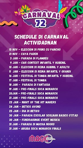 ✨ E mas #magico di 11:11 ta e schedule di Actividadnan di Carnaval 72 cu SMAC a publica. No lubida pa marca e fechannan den bo calender pa bo por cuminsa manda bo vakantie dagen nan aden #Carnaval72 🎭💃🏽✨ | Magic Fm Aruba