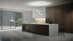Modern minimalist kitchen. Kitchen with large island. 3d animation of the kitchen. 3D Illustration