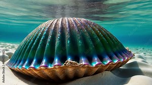 A vibrant close up of a scallop shell underwater, showcasing its textures and colors in a serene ocean environment