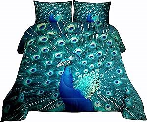 Erosebridal Peacock Bedding Set Twin Size Teal Cute Animal Pattern Comforter Set Peacock Feather Printed Decor Duvet Filler Adult Women Soft Duvet Stuffing