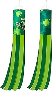 2 Pack 40 Inch St. Patrick's Day Windsocks with Clover Design, Green and Yellow Outdoor Hanging Shamrock Wind Sock Windmill Decorations for Patio, Garden, Yard, Irish-Themed Festive Decor Party Favors