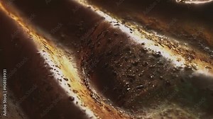 A close-up view of an intricate metallic surface showcasing detailed textures and light reflections. The intricate patterns and shimmering effect create a mesmerizing visual, evoking a sense of