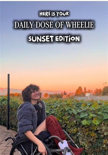 Everyone loves a good sunset right?! 🥹🌅 Thank you guys for being here and cheers to 31 days of wheelies!!! 🎉 Alt text: A girl backs into frame and does a wheelie with a gorgeous sunset in the background. On screen it says it’s daily dose of wheelie time and that you should send it to someone who you would watch this sunset with. #Sunset #Wheelie #DailyDose #Joy #Bliss