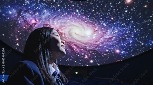Young girl in planetarium looking up at projected galaxy with wonder and excitement