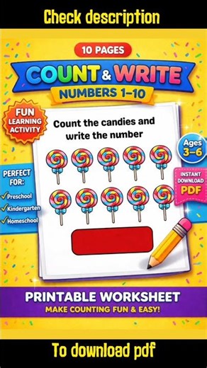Counting Worksheets 1–10 for Kids | To download all 10 pages check the link in the Description