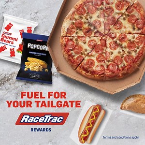 Planning your menu for Sunday? We've got all the snacks you need to fuel that big game appetite. Starting tomorrow, RaceTrac Rewards members can enjoy $5 XL Whole Pizzas this weekend only. Download the app and enjoy. Limited to one per guest at participating locations. #BigGame #football #pizza | RaceTrac