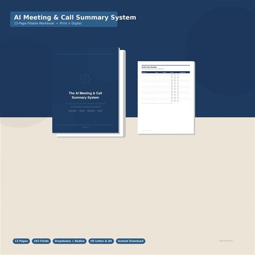 AI Meeting Summary Workbook Fillable PDF, Call Notes Template, Action Item Tracker, - Etsy UK