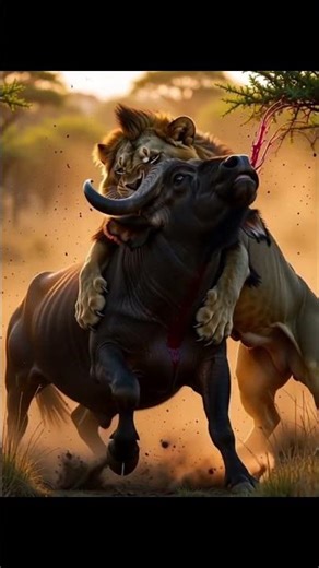Lion vs Cape Buffalo in Explosive Savanna Kill Moment#shortsvideo #animals #effectking