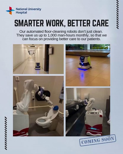 Ever spotted floor-cleaning robots around our hospital? They save us up to 1,000 man-hours every month! 🤖 We’re not stopping there! As part of our innovation efforts, we’re trialling toilet-cleaning robots. Once fully deployed, these robots will handle routine tasks, enabling our team to focus on enhancing patient care. | National University Hospital - NUH