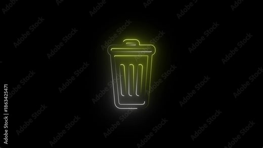 Bright yellow neon outline of a trash can icon on a black background garbage delete