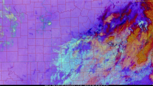 This is known as the "nighttime microphysics" channel of GOES satellite, which shows the fog developing over parts of Missouri this morning. | Brandon Beck KY3