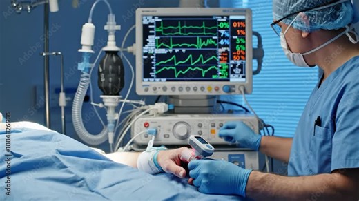 Doctor monitors a patient's vital signs in an operating room. Anesthesiologist checking a pulse oximeter with an EKG screen in the background. Healthcare and medical technology concept