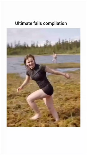 funny videos on Instagram: "This frame perfectly represents why ultimate funny fail compilations happen so often in nature-based challenges—our brains underestimate physics, terrain, and fatigue. What looks like a simple run across soft ground near water is actually a biomechanical nightmare: wet grass and marshy soil drastically reduce traction, while uneven surfaces disrupt balance and stride timing. When people sprint, ground reaction forces can exceed 2–3 times body weight, and on slippery t