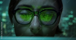 Woman engineer programmer working computer inside virtual digital network data and matrix source code cyberspace