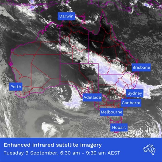 The infrared satellite imagery is showing two significant weather systems over Australia today. First, a thick cloud band has developed over central Australia and is extending towards the east coast. This weather system has a tropical link and is dragging tropical moisture over the country, producing showers and thunderstorms. Showers will tend to rain at times, and severe thunderstorms are possible for parts of New South Wales, Queensland, and South Australia on Tuesday. Second, a low-pressure 