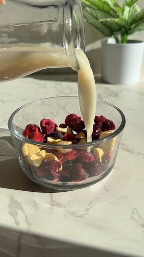 Brittany Williams on Instagram: "🍓Trying the viral freeze-dried fruit “cereal” Thanks for this idea @ hannzolo on TikTok! Simply add freeze-dried fruit to a bowl with milk for a delicious snack that’s sweet, crunchy, chewy and tangy! Would you try this? 🫐🍓🥭🍒 Ingredients: Freeze-dried fruit Milk of choice Freeze-dried fruits I used: blueberries, strawberries, raspberries, mango, and cherries"