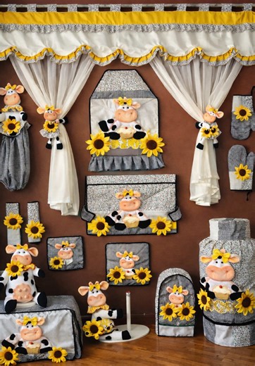 Juego Artesanal Vaquitas con Girasoles para Tu Cocina