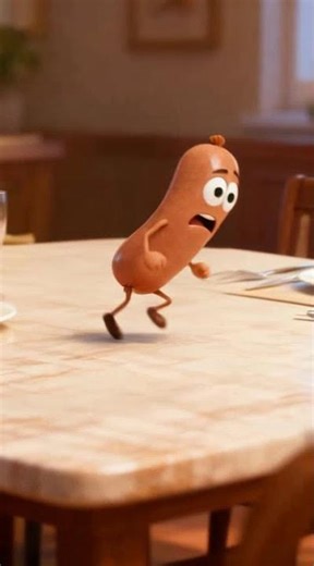 Running sausage with panicked expression running across dining table