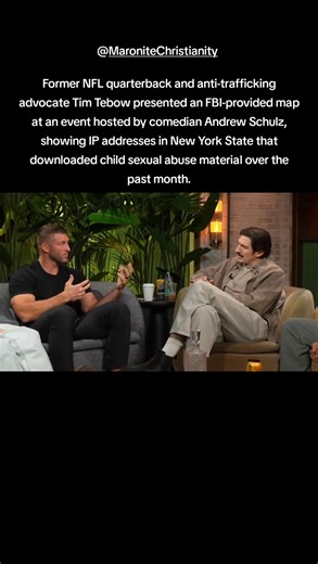 Tim Tebow Unveils FBI Map of New York IP Addresses Downloading Child Abuse Material Former NFL quarterback and anti-trafficking advocate Tim Tebow presented an FBI-provided map at an event hosted by comedian Andrew Schulz, showing IP addresses in New York State that downloaded child sexual abuse material over the past month. Drawing from reports by NCMEC and Polaris. Tebow highlighted U.S. trafficking statistics of 300,000 to one million victims annually, many minors, and called for passage of t