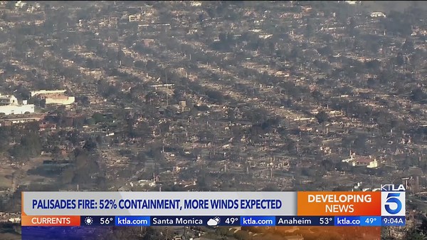 Palisades Fire reaches over 50% containment as more winds expected