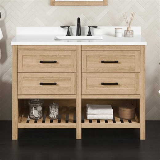 Check The Home Depot's Q&A Before Buying: Home Decorators Collection Autumn 48 in. Single Sink Freestanding Weathered Tan Bath Vanity with White Engineered Stone Top (Assembled)