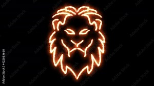 Lion head outline of burning flames and lion head in neon lights. Compilation of animation with lion in fire and glow light effects.