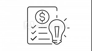 Financial literacy line animation. Lightbulb shining and worksheet with rotating coin animated icon. Check list. Black illustration on white background. HD video with alpha channel. Motion graphic