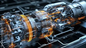 Complex jet engine design being projected on a dark digital interface with glowing orange lines highlighting its intricate parts