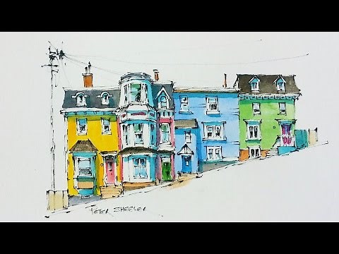 Line and Wash Watercolor Tutorial of Colorful Row Houses in St John's, Newfoundland. Peter Sheeler