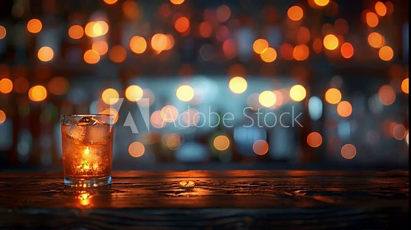 Blur bokeh lights top of bar and free space. Alcohol on bar abstract blur image of night festival in a restaurant and The atmosphere is happy and relaxing with bokeh for background. Beer,liquor 4k