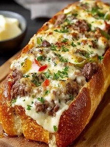 Philly Cheesesteak-Stuffed Garlic Bread Loaf Ingredients 1 large French bread loaf (or Italian bread) 1 lb thinly sliced ribeye steak (or deli roast beef for shortcut) 1 medium onion, thinly sliced 1 green bell pepper, thinly sliced ...... Full Recipe in Coʍmеոτ 💬 | Ella Recipes
