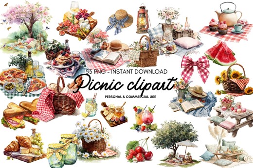 Watercolor Picnic Clipart Bundle, Summer Picnic Pngs, Coquette Picnic Food Clipart, Cute Picnic Basket, Lemonade, Strawberries - Etsy