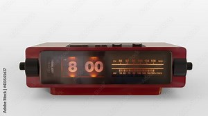 Vintage alarm clock with flip dial and radio wake up at 8 AM. Isolated close-up view on white background. The numbers changes from 7:59 to 8:00 AM. Then turns on the radio receiver and its scale light