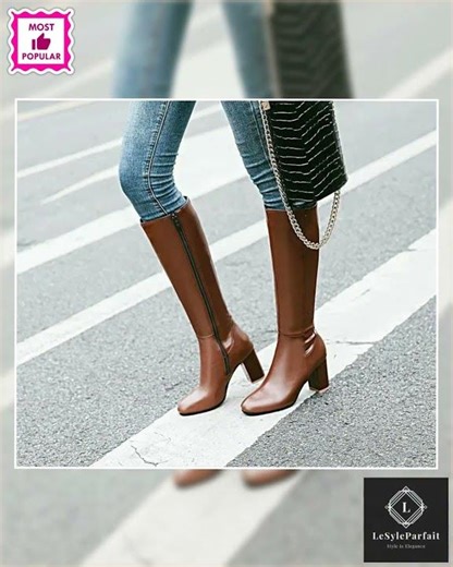 Leather High Heeled Knee High Women Boots