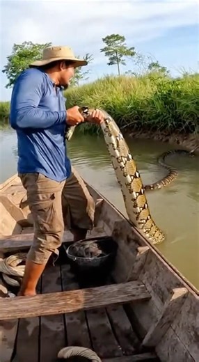 A man catching a python in the river