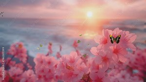 spring landscape in the sea. fresh foliage, grass and pink flowers, nature comes to life. spring background