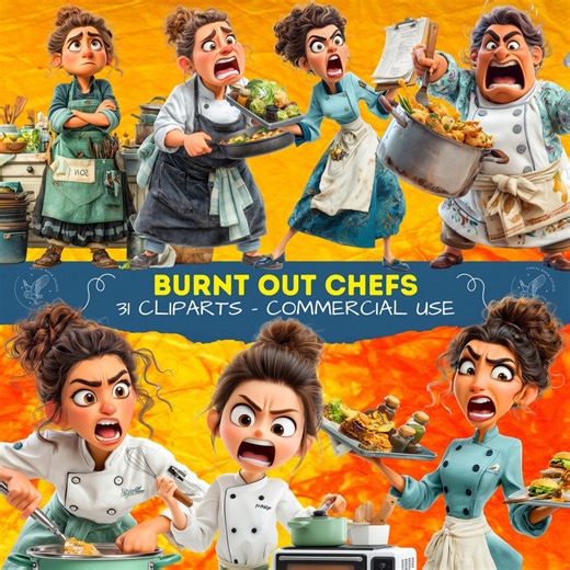 Burnt Out Chefs Clipart, Exhausted Female Chefs Illustrations, Kitchen Chaos PNG Set, Cooking Stress for Scrapbooking, 300 Dpi - Etsy