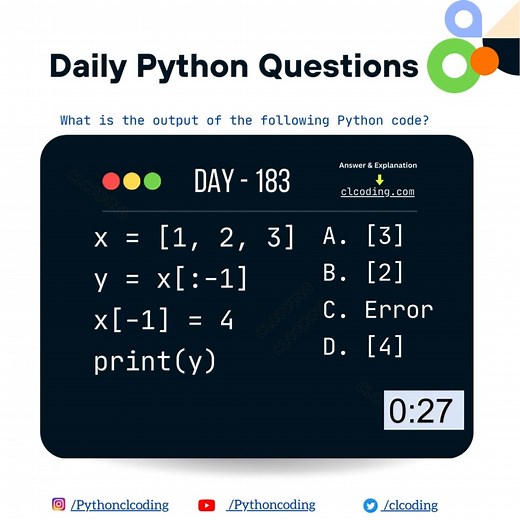 Python Coding challenge - Day 183 | What is the output of the following Python Code? | Python Coding | Facebook
