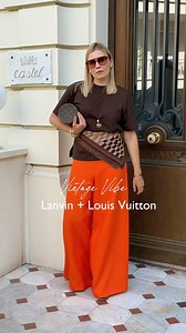 When vintage means vision ✨ Vintage Lanvin scarf as a sculptural waist wrap. Louis Vuitton Papillon 👜 in classic monogram. Orange trousers, gold details, Riviera energy 🧡100% vintage. 100% unforgettable | Poetro