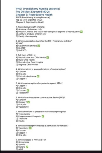 🩺 PNET Biology | Reproductive Health | Top 20 MCQs | Pondicherry Nursing Entrance 2026
