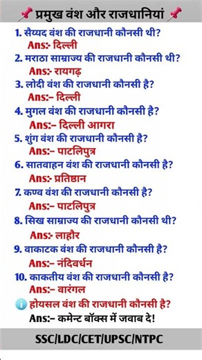 😱 प्रमुख वंश और राजधानियां | Ancient india | History Quiz | UPSC Cet Ldc #Gk #ssccgl #viralshorts