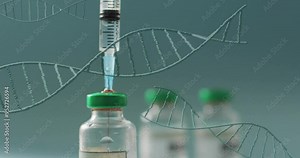 Syringe drawing liquid from vial with DNA strands animation over medical background